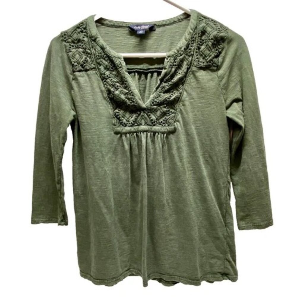Lucky‎ Brand V-Neck Blouse Women's XS Olive Green Wash Front Embroidered Shirt